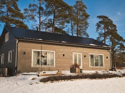 Träklädd byggnad med plåttak